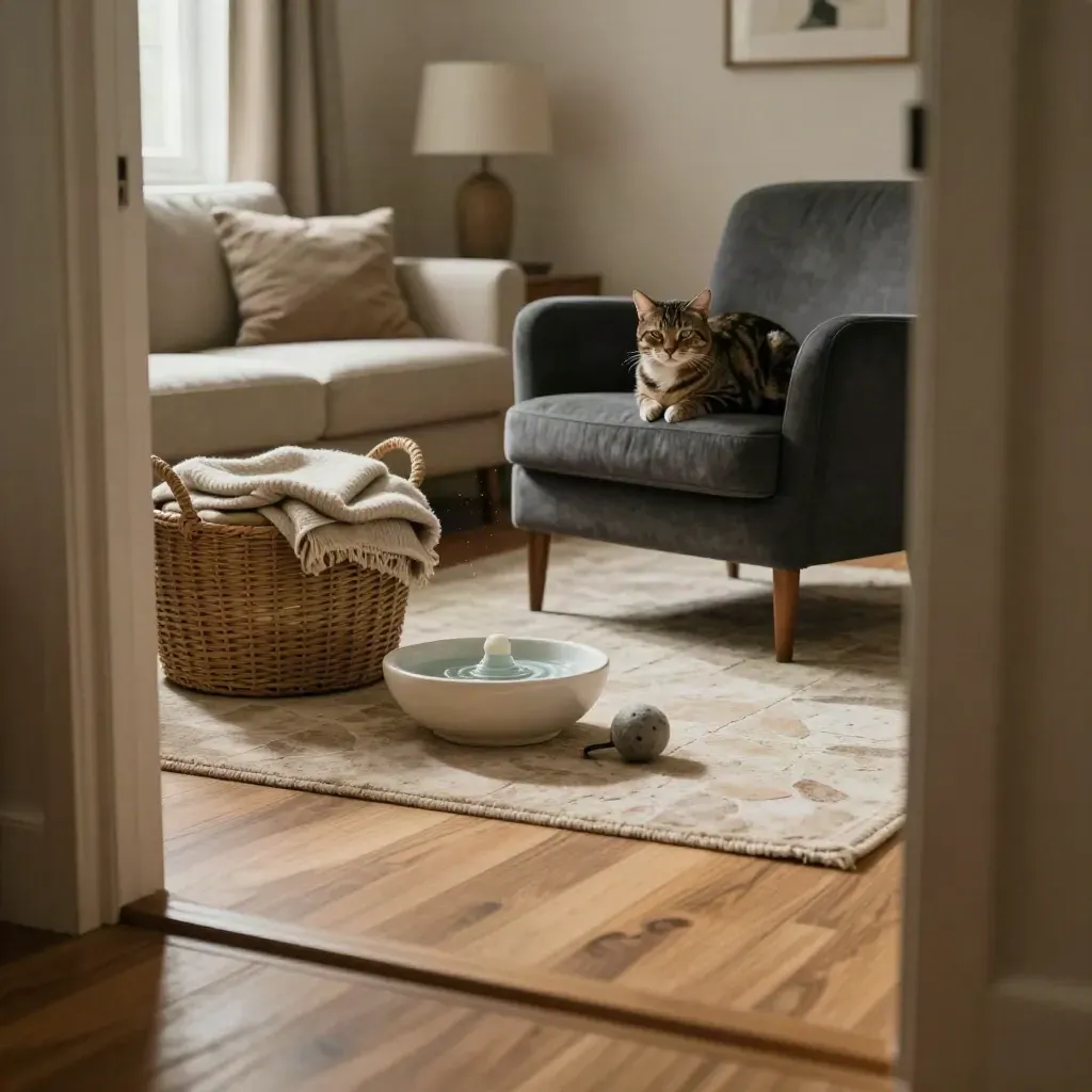 Salotto tranquillo con gatto soriano su poltrona, cesta, coperta e fontanella bassa.