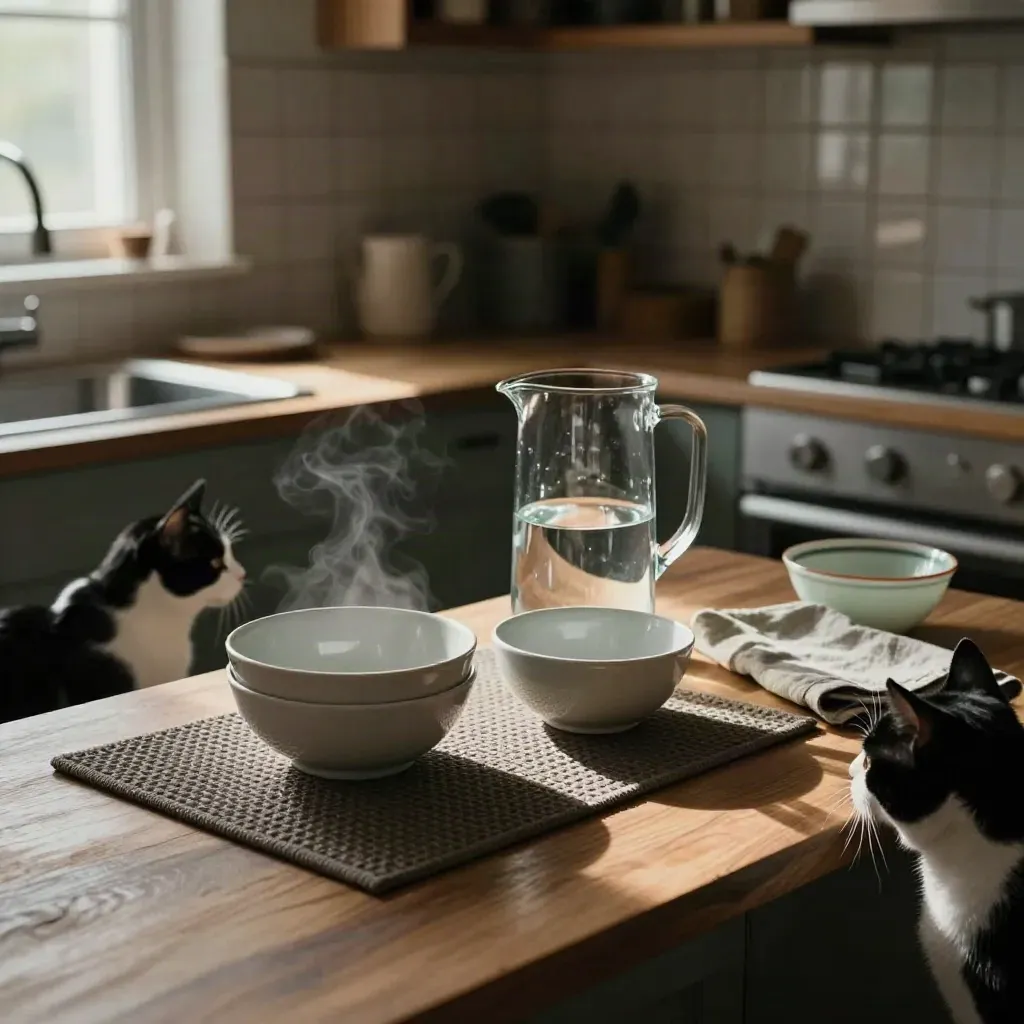 Ciotole fresche, brocca d’acqua e gatto bianco e nero in cucina.