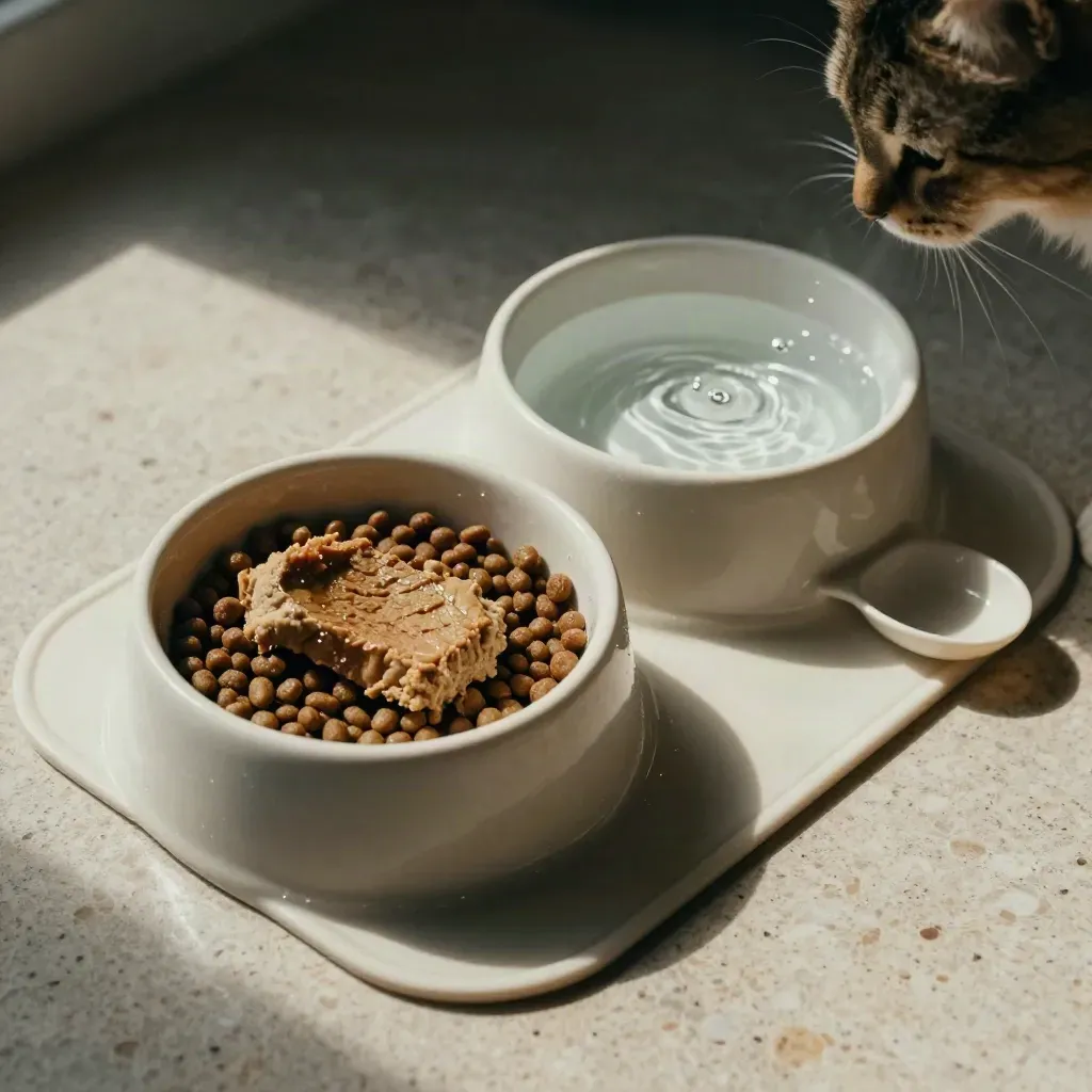 Due ciotole per gatti con cibo fresco e acqua limpida su tappetino crema, gatto in arrivo.
