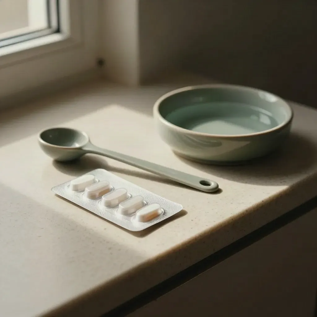 Blister farmaci, cucchiaino dosatore e ciotolina d’acqua su piattino in ceramica.
