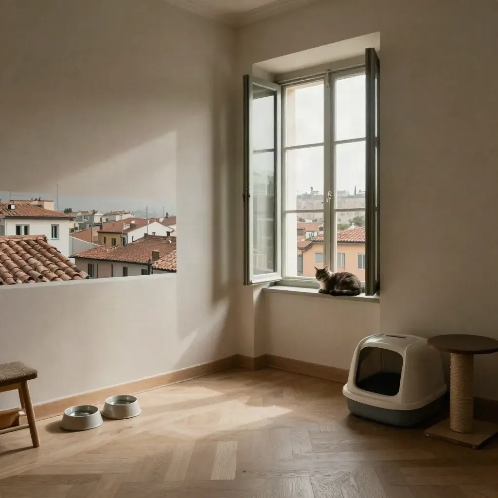 Appartamento di Trastevere in vacanza, ciotole piene, lettiera pulita, gatto rilassato alla soglia.