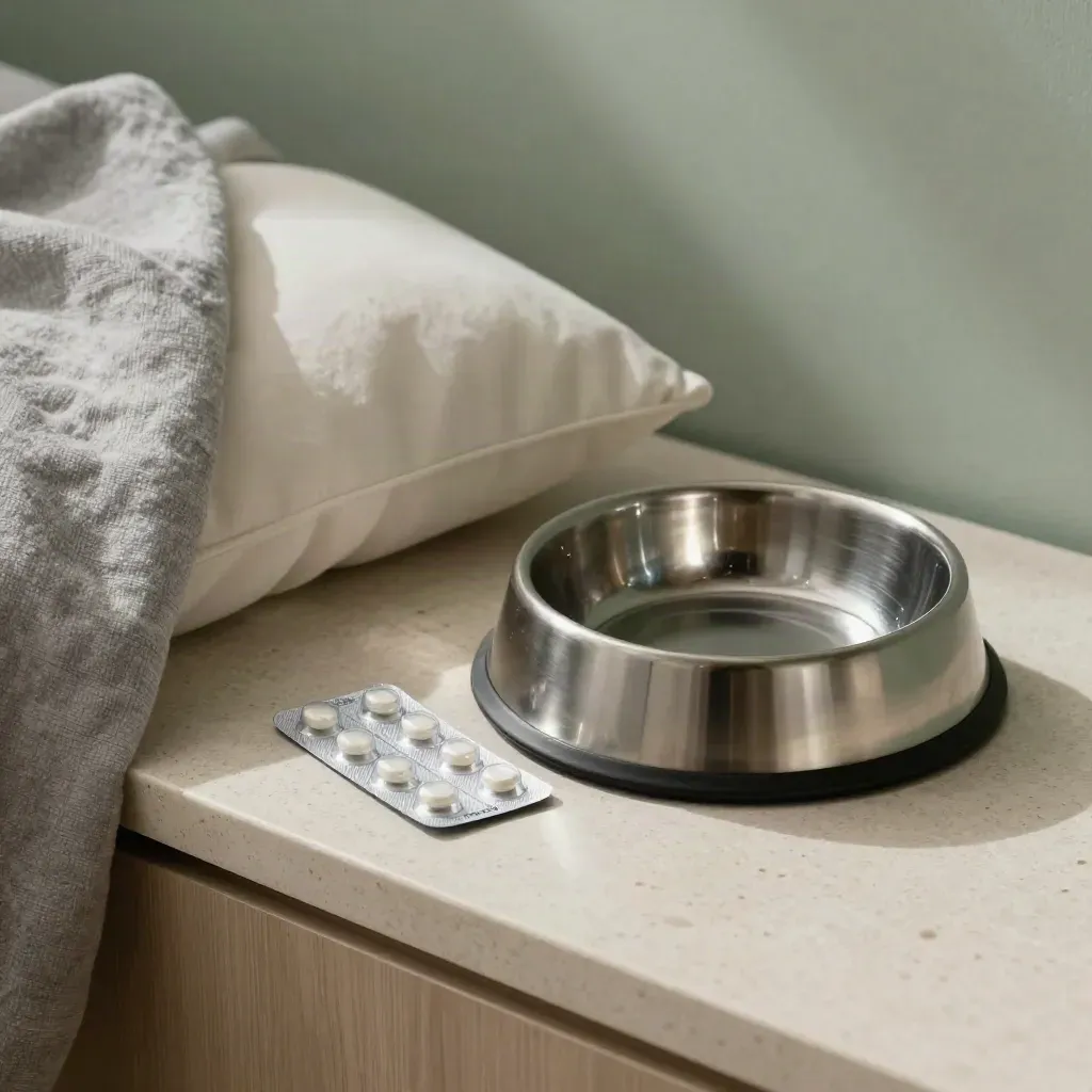 Angolo recupero per gatto con coperta, ciotola d’acqua, cuscino basso e blister ordinati.