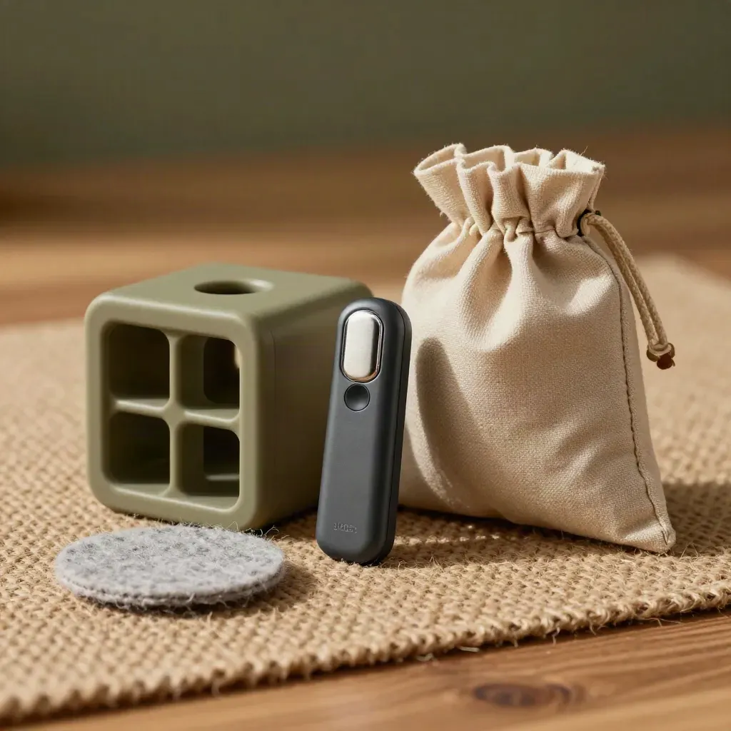 Clicker, feeder puzzle, feltro e sacchetto premio su tappeto per gatti