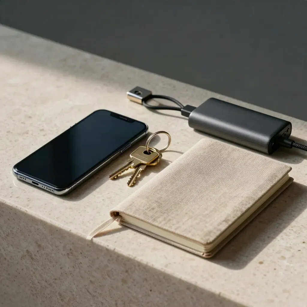 Smartphone spento, chiavi, power bank e taccuino chiuso su pietra chiara, luce morbida.