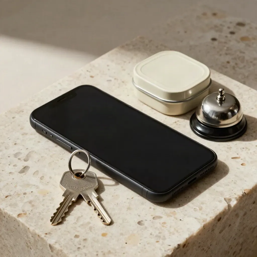Flat lay con smartphone, chiavi, campanellino gatto e contenitore snack su pietra crema.
