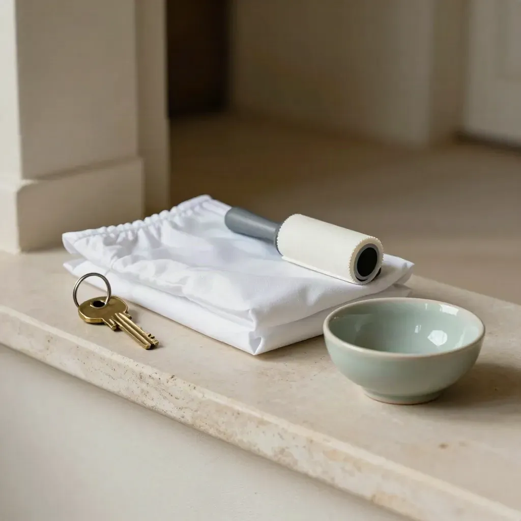 Chiave di casa, copriscarpe, rullo leva-peli e ciotola in ceramica su mensola chiara.