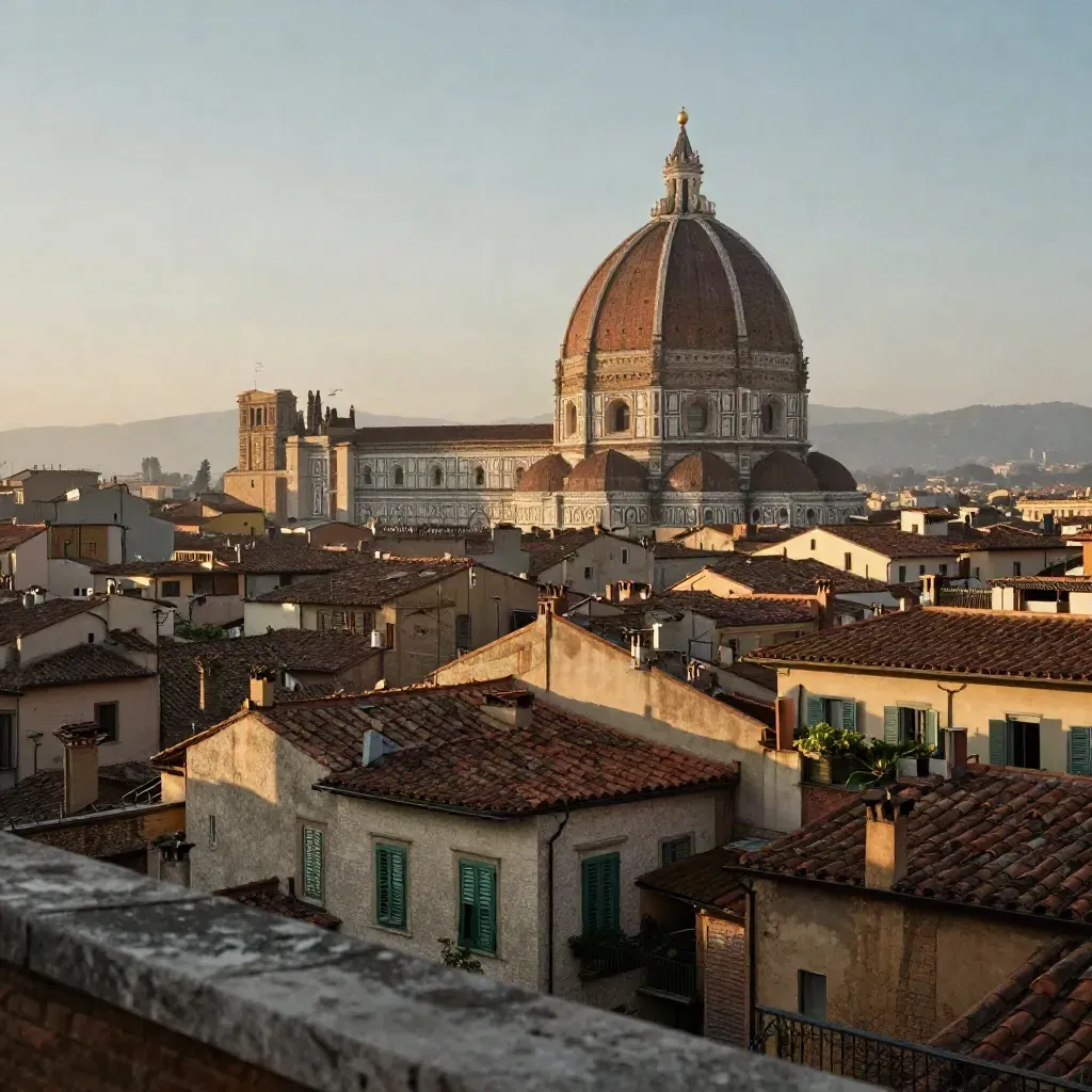 Trastevere all’alba, tetti di terracotta e cupola alta nella foschia dorata.