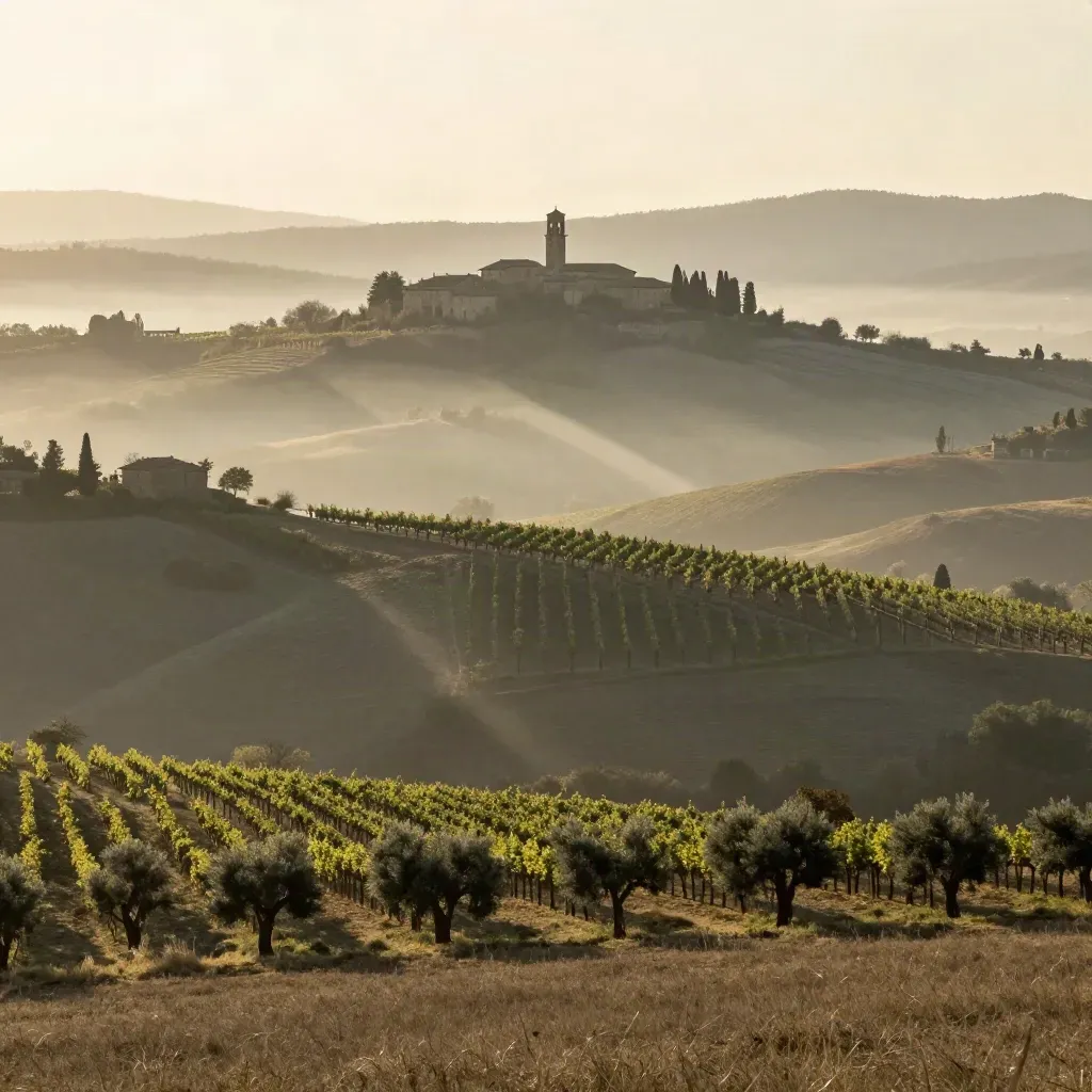 Colline dei Castelli Romani nella nebbia con borgo in cresta e torre campanaria alta