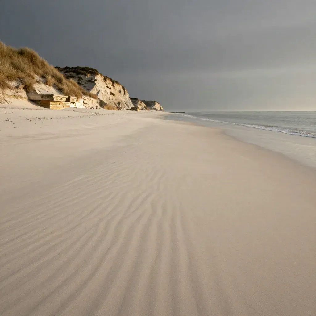 Spiaggia del litorale laziale con sabbia chiara, scogliera bassa e mare calmo