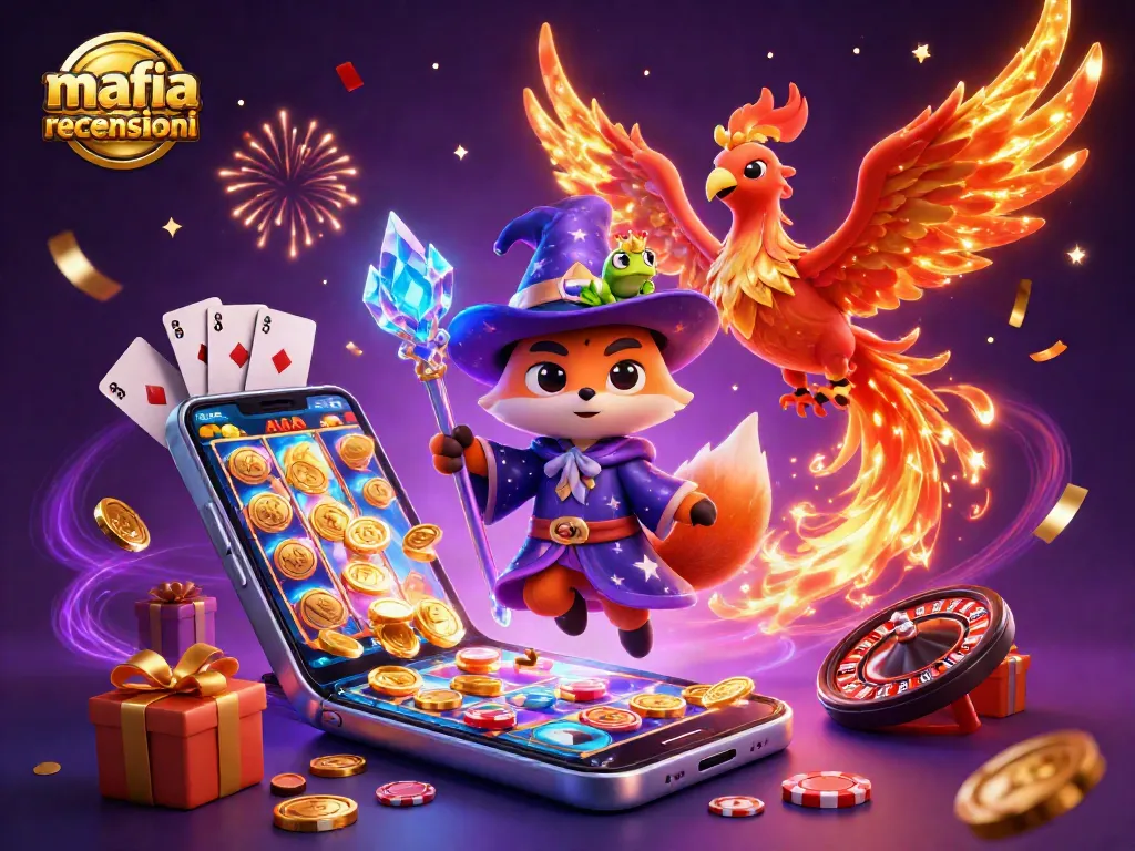 Mafia casino recensioni showcases a wizard fox with a phoenix, bursting with game elements like slots and poker.